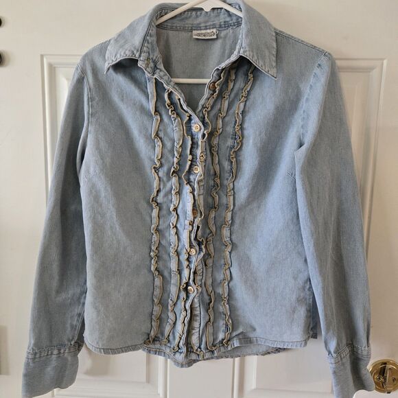 Newport News Jeanology Denim Jacket Cardigan Ruffled Button Up Women Size Medium - Picture 1 of 6